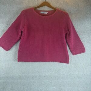 Willow Boxy 100% Cotton Sweater Hot‎ Pink Cropped Chunky Knit Pullover Crew Neck